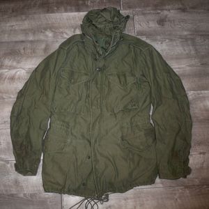 Vtg Army Vietnam War Men's Field Jacket W/ Hood Olive Drab Green Coat Long Small